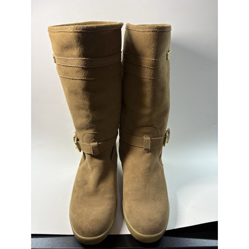 COACH Tallulah Suede Flat Mid-Calf Boots Dark Caramel Natural Leather Size 6B